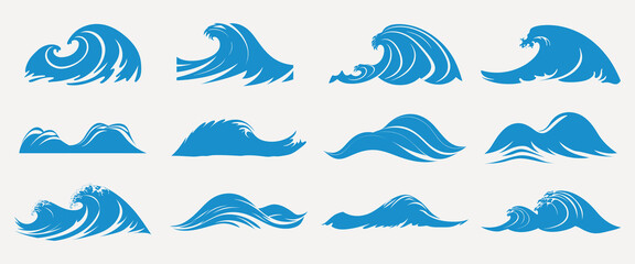 Fototapeta premium Stylized blue ocean waves, isolated element set vector