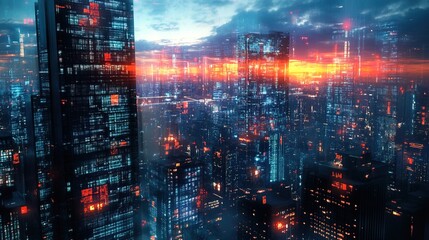 Fototapeta premium A high-tech AI-driven cityscape constantly reconfiguring with holographic buildings