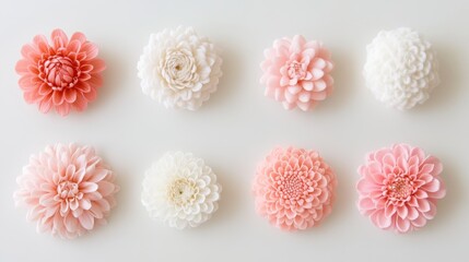 Overhead still life of eight dahlia flowers in pastel pink and white colors on a white background in a minimalist style studio shot
