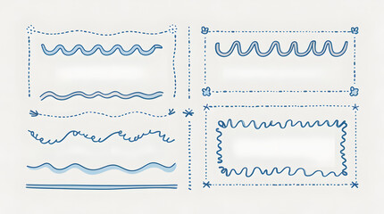 Set of Merry Christmas whimsical hand-drawn blue orange green color frames with wavy squiggle curly ribbons in trendy, vintage styles. Perfect for quirky holiday, Christmas invitation, greeting card