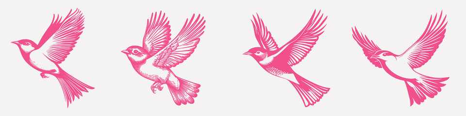 Obraz premium Pink birds in flight silhouettes, isolated element set vector