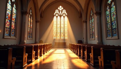 Obraz premium A peaceful church interior, sunlight streaming through stained glass windows , architecture, window