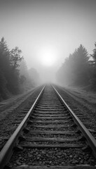 Fototapeta premium Misty fog obscures the steel railway tracks as they disappear into the distance, hinting at a journey through the hazy landscape