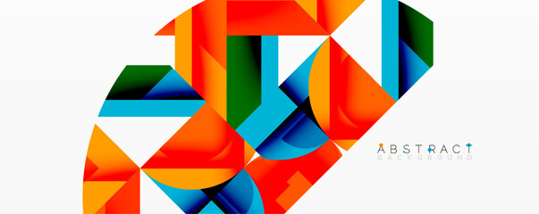 Geometric shapes overlap, creating vibrant colorful design. Modern abstract background with dynamic composition. Bright hues dominate visual space.