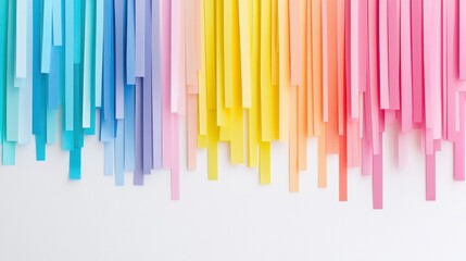 Colorful Paper Strips Cascade on White Background Overhead Flat Lay for Art and Design Projects Rainbow Hues