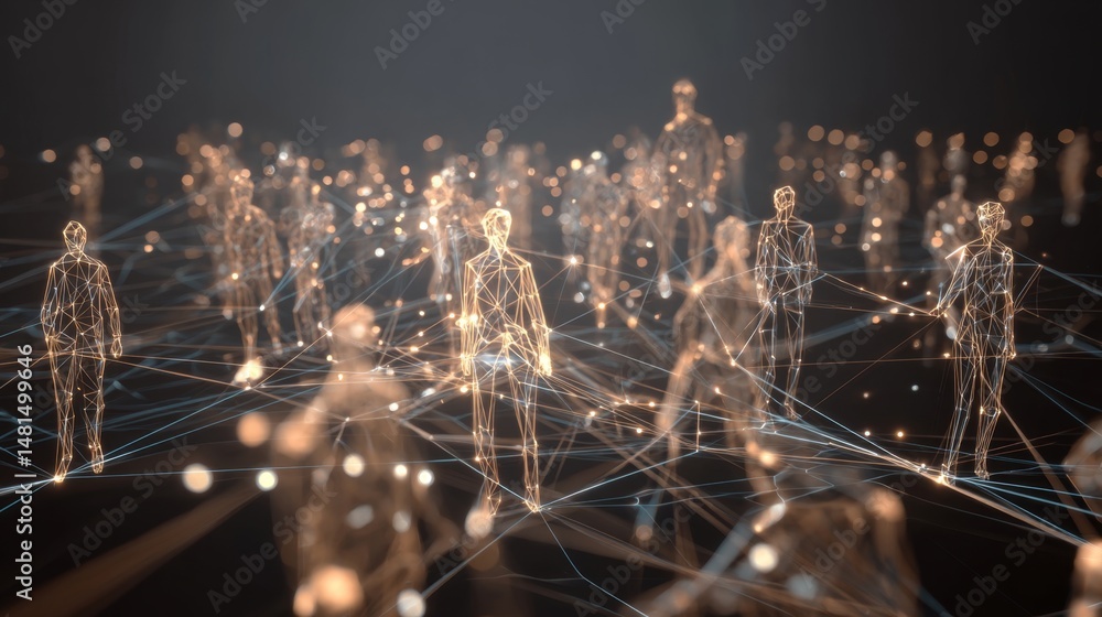 Aufkleber network of floating avatars connected by glowing lines in space