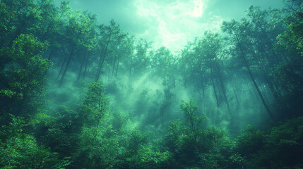 Fototapeta premium A misty embrace enveloped a verdant forest, where towering trees, their branches draped in an ethereal veil of white, seemed to stretch towards the heavens, creating a mesmerizing and serene 