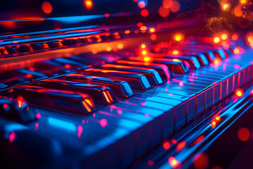 Vibrant neon lights illuminate the keys of a grand piano, creating a captivating musical scene. Perfect for album art, music websites, or concert promotions.