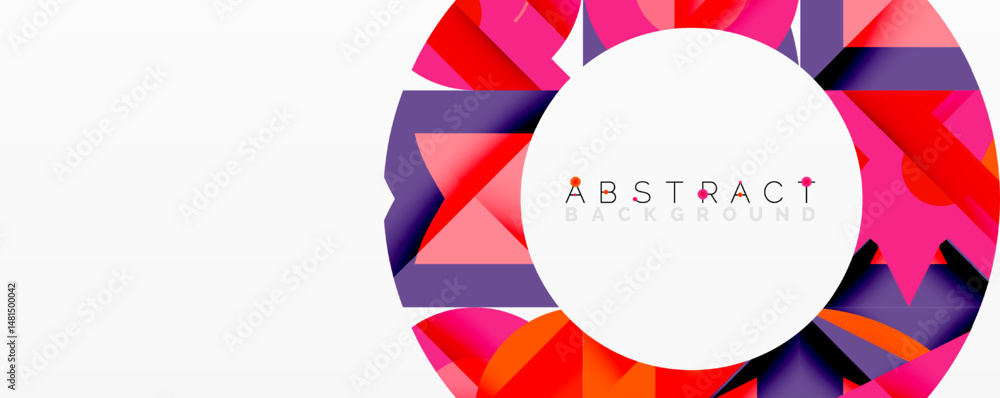 Poster bright abstract design features colorful geometric shapes surrounding white circle. modern, vibrant 