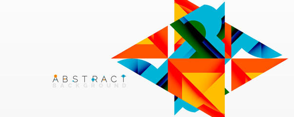 Bright geometric shapes overlap, creating dynamic abstract composition. Vivid colors contrast against white background. Modern design element.