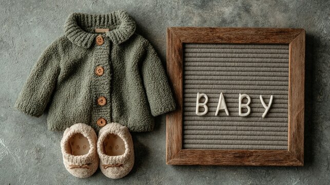 Baby Announcement: A cozy, sage green knitted baby cardigan and matching booties are artfully arranged next to a letter board spelling out "BABY," creating a charming and heartwarming announcement.
