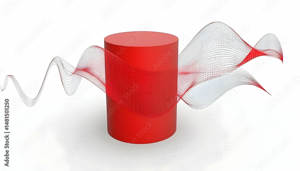 Poster abstract red cylinder with flowing, dynamic lines; modern design element; perfect for tech, data, or