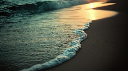 A close up photograph of ocean waves hitting a sandy beach