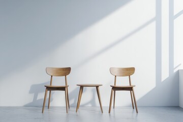 Obraz premium Table Chairs. Modern Interior with Wooden Chairs and Table against White Wall and Concrete Floor