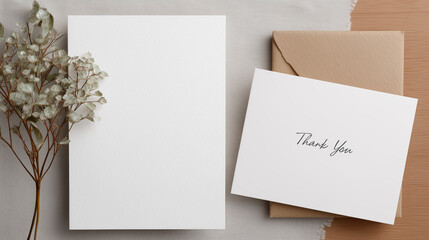 Elegant and Minimalist Thank You Card with Envelope and Dried Flowers on Simple Textured Background for Stylish Stationery Designs and Celebrations