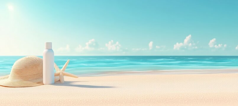 Beach scene with sunscreen and straw hat