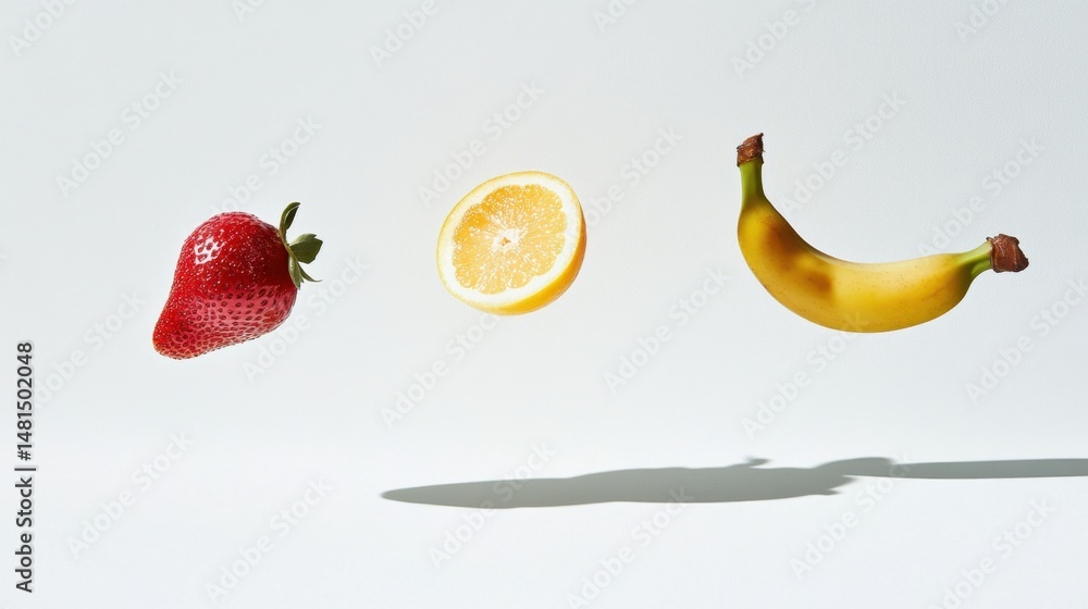 Poster studio shot of strawberry lemon slice and banana floating on white background with shadows healthy f