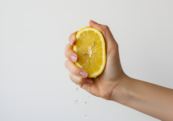 An hand of an women squeezing an half lemon isolated on white
