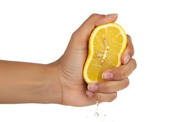 An hand of an women squeezing an half lemon isolated on white