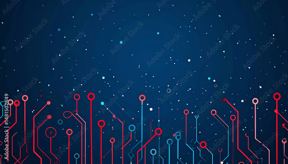 Poster abstract digital background featuring circuit patterns in red and blue tones against a dark backdrop