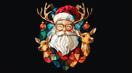 Santa Claus with reindeer in stained glass style, vibrant colors, and festive elements create joyful holiday atmosphere