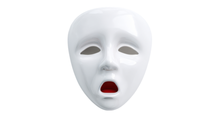 A dramatic white mask expressing fear and sadness. transparent background