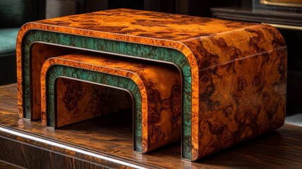 Elegant nested coffee tables featuring rich wood grain and vibrant green accents, showcasing modern design and luxury for stylish interiors.
