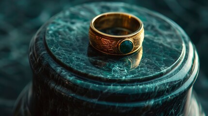 Gold Ring with Green Gemstone Resting on Dark Green Marble Urn