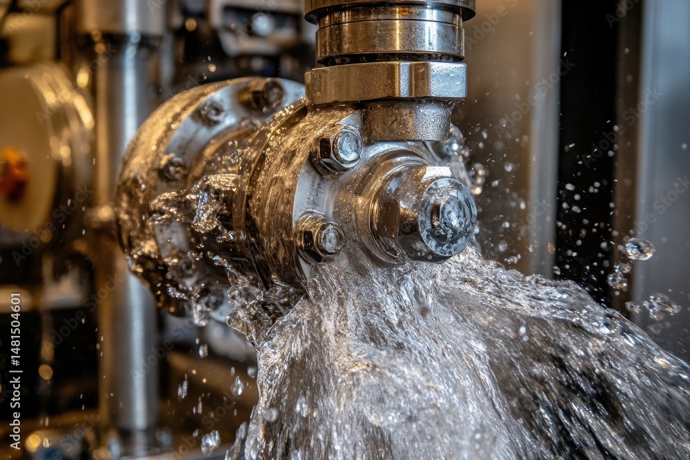 Poster metalworking machine in action with coolant splashing close up industrial manufacturing process prec