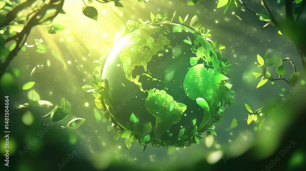 Aufkleber globe covered in green leaves floating in forest with sun rays shining through trees and sparkles ar