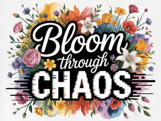 Bloom Through Chaos pixel glitch floral design, Bloom Through Chaos with bold digital distortion, Bloom Through Chaos white background flower glitch art