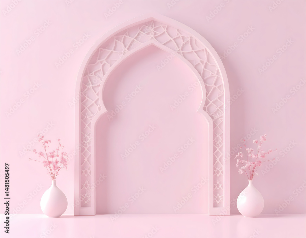 Aufkleber intricate islamic frame with floral patterns on a soft pink backdrop featuring an elegant arch desig