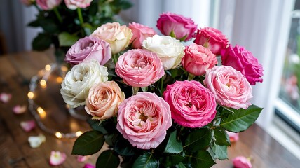 Obraz premium Magnificent bouquet of roses in assorted pastel colors, arranged beautifully on a table