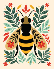 Colorful bee with decorations of plants, flowers and ornamets on a beige background. Ilustration useful for print and decoration