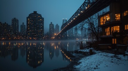 Naklejka premium A city skyline and bridge reflected in tranquil water at dusk