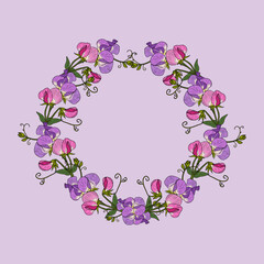 Floral wreath with sweet peas, purple background