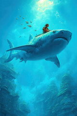 A child rides a giant shark through an underwater city, surrounded by fish and bathed in blue light.