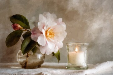 Pastel pink flower in a glass vase with a candle.
