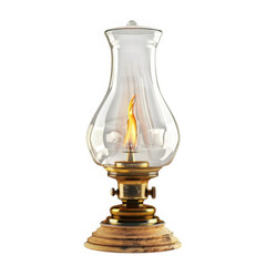 Vintage oil lamp with flame on white space on transparent background