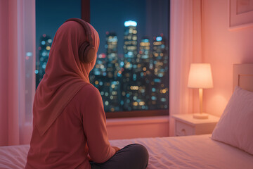 Woman in Hijab Listening to Music by the City Lights at Night