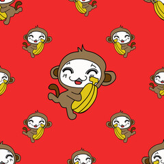 Cute monkey pattern with bananas on red background