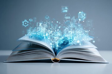 Open book visualizing technology, education, and innovation through floating digital holograms.