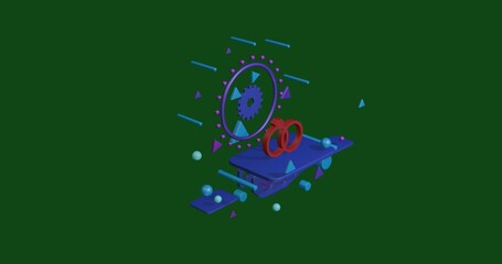 Red wedding rings symbol on a pedestal of abstract geometric shapes floating in the air. Abstract concept art with flying shapes in the center. 3d illustration on green background