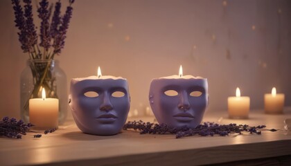 Tranquil face mask station bathed in candlelight; calming lavender and vanilla scents , aromatherapy, bright, white