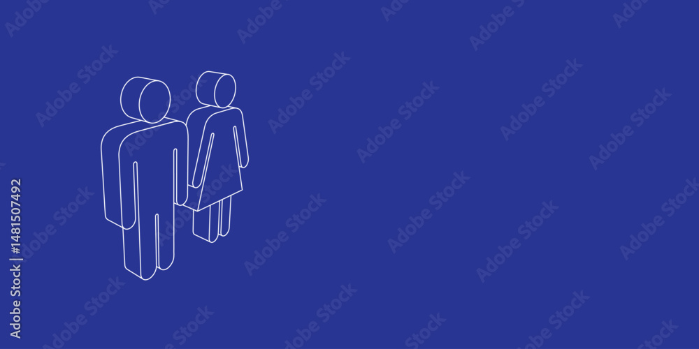 Poster the outline of a large man with woman symbol made of white lines on the left. 3d view of the object 