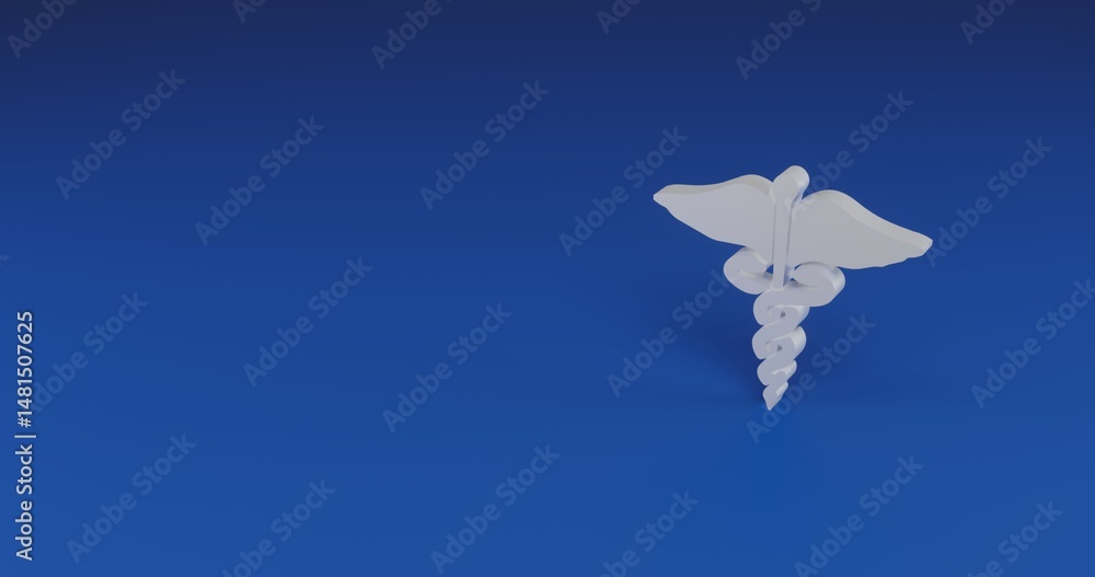 Poster isolated realistic white caduceus symbol with shadow. located on the right side of the scene. 3d ill