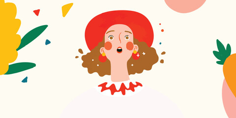 A woman with a surprised expression wearing a red hat looks at the camera in this whimsical illustration. The background is a fun, colorful and abstract design.