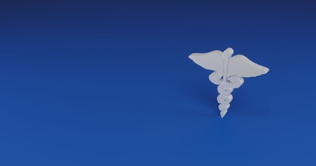 Isolated realistic white caduceus symbol with shadow. Located on the right side of the scene. 3d illustration on transparent background