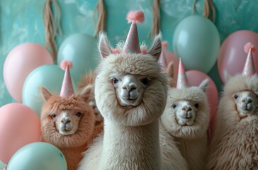 Fototapeta premium Easter eggs with bunny and chicken surrounded by cute furry alpacas on the farm