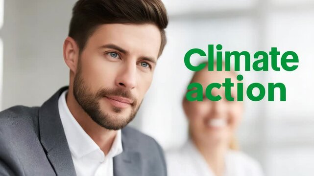 Climate Action: A focused businessman in a business attire gazing thoughtfully. The photo encapsulates determination and purpose, perfect for concepts centered around future and proactive thinking.